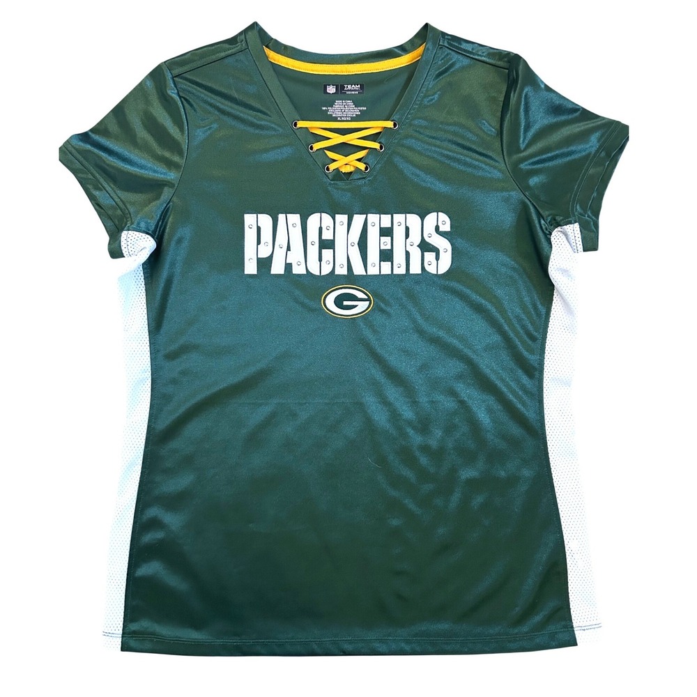 NFL Team Apparel Packers Gameday Shirt Womens XL Green Lace Up Rhinestone Jersey